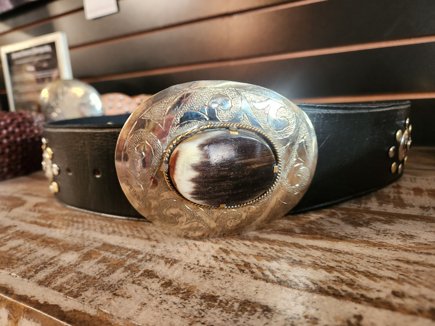 DAIRI Black Leather Belt with Sterling Silver